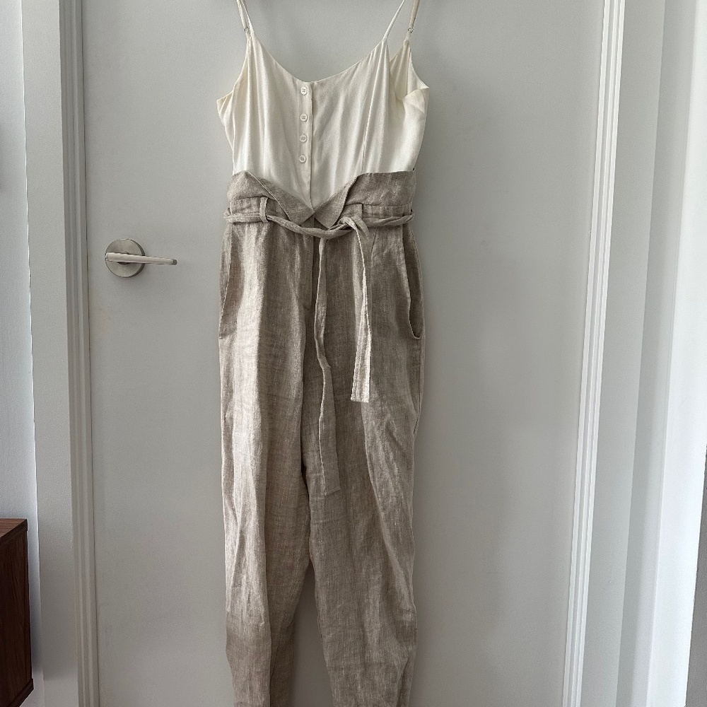 White Beige Linen Reformation Jumpsuit